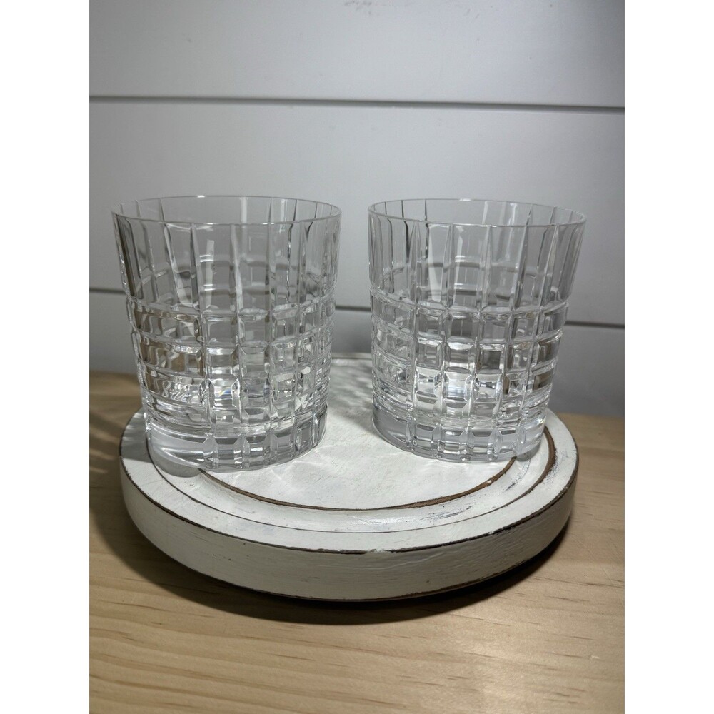 Tiffany & Co. Clear Plaid Double Old Fashioned Crystal Glass Set of 2 Read
